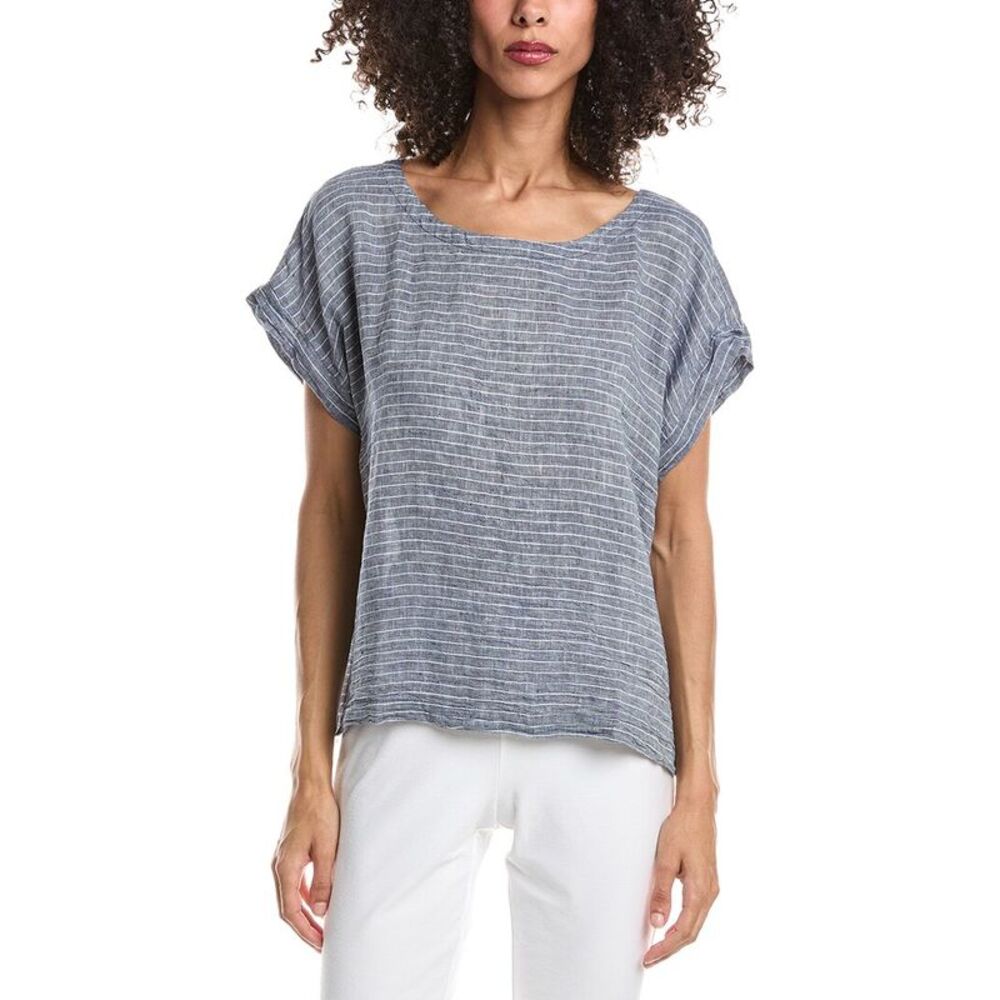 Eileen Fisher Womens Ballet Neck Square Linen Top, Blue